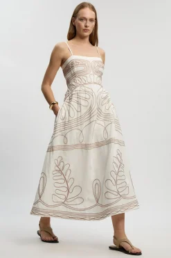 Robe Midi Tissée À Bretelles Avec Broderie Cornelli En Coton Lin Petite