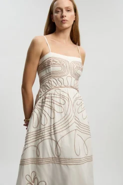 Robe Midi Tissée À Bretelles En Coton Lin Avec Broderie Cornelli