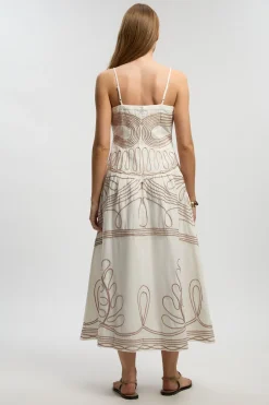 Robe Midi Tissée À Bretelles En Coton Lin Avec Broderie Cornelli