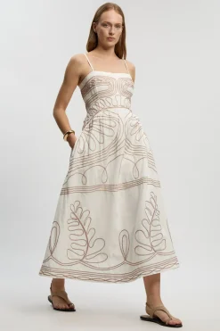 Robe Midi Tissée À Bretelles En Coton Lin Avec Broderie Cornelli