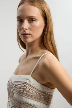 Robe Midi Tissée À Bretelles En Coton Lin Avec Broderie Cornelli