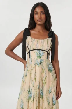 Robe Midi Tissée À Bretelles Nouées En Coton Et Soie À Imprimé Floral