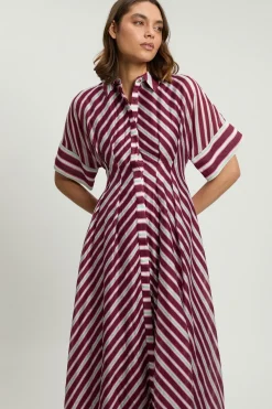 Robe Midi Tissée À Col Et Rayures