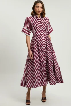 Robe Midi Tissée À Col Et Rayures