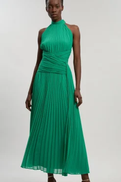 Robe Midi Tissée À Col Licou Avec Devant Plissé Torsadé