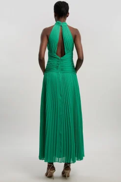 Robe Midi Tissée À Col Licou Avec Devant Plissé Torsadé