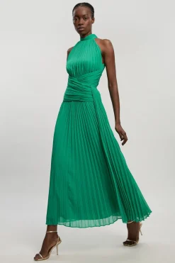 Robe Midi Tissée À Col Licou Avec Devant Plissé Torsadé