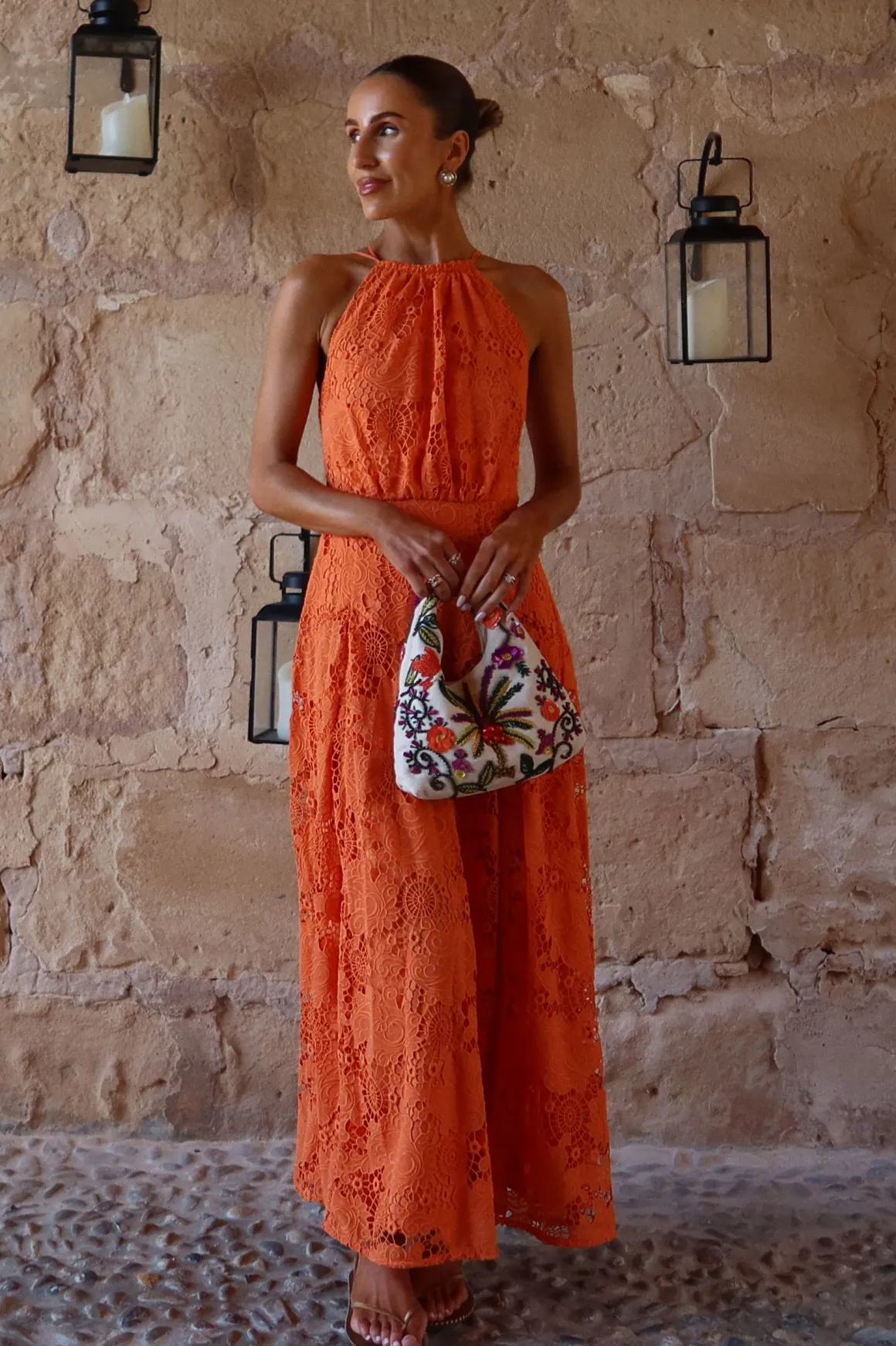 Robe Midi Tissée À Col Licou En Dentelle