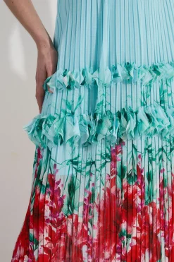 KarenMillen Robe midi tissée à détails floraux plissés et bretelles<Femme Robes|Robes Mi-Longues