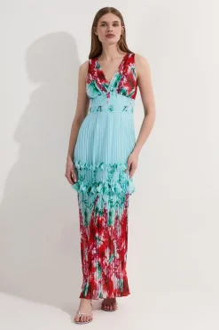 KarenMillen Robe midi tissée à détails floraux plissés et bretelles<Femme Robes|Robes Mi-Longues
