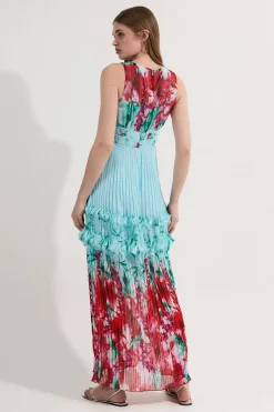 KarenMillen Robe midi tissée à détails floraux plissés et bretelles<Femme Robes|Robes Mi-Longues