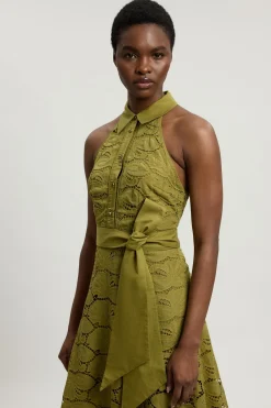 KarenMillen Robe Midi Tissée En Coton Ajouré Avec Col Licou À Nouer<Femme Toutes Les Robes|Robes
