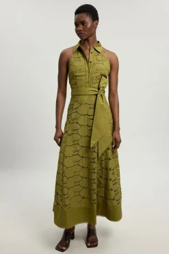 KarenMillen Robe Midi Tissée En Coton Ajouré Avec Col Licou À Nouer<Femme Toutes Les Robes|Robes