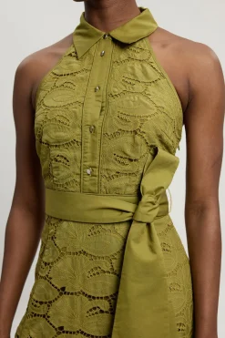 KarenMillen Robe Midi Tissée En Coton Ajouré Avec Col Licou À Nouer<Femme Toutes Les Robes|Robes