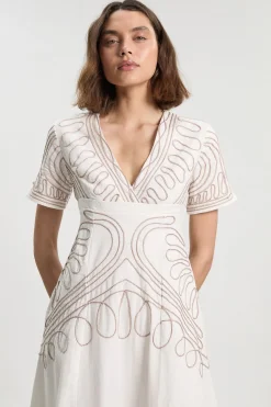 KarenMillen Robe Midi Tissée en Coton Lin avec Broderie Cornelli et Dos Ouvert<Femme Robes|Robes Mi-Longues