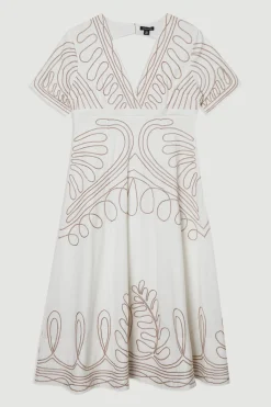 KarenMillen Robe Midi Tissée en Coton Lin avec Broderie Cornelli et Dos Ouvert<Femme Robes|Robes Mi-Longues