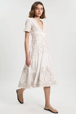 KarenMillen Robe Midi Tissée en Coton Lin avec Broderie Cornelli et Dos Ouvert<Femme Robes|Robes Mi-Longues