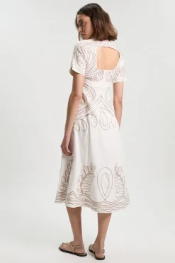 KarenMillen Robe Midi Tissée en Coton Lin avec Broderie Cornelli et Dos Ouvert<Femme Robes|Robes Mi-Longues
