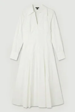 Robe Midi Tissée en Coton à Manches Longues avec Détails Plissés