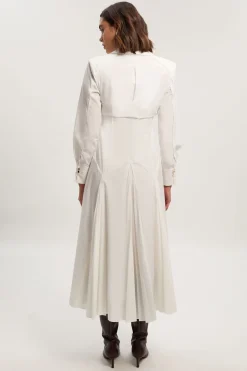Robe Midi Tissée en Coton à Manches Longues avec Détails Plissés