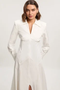 Robe Midi Tissée en Coton à Manches Longues avec Détails Plissés