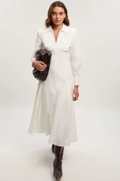 Robe Midi Tissée en Coton à Manches Longues avec Détails Plissés