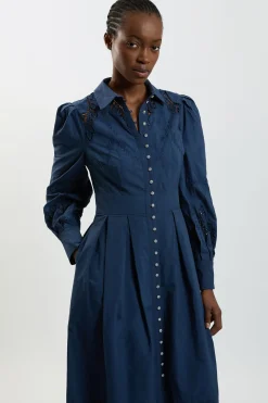 Robe Midi Tissée En Coton À Manches Ballon Et Broderie Ajourée Petite