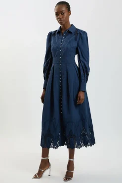 Robe Midi Tissée En Coton À Manches Ballon Et Broderie Ajourée Petite