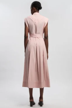 Robe Midi Tissée En Coton Plissée Avec Ceinture À Nouer À La Taille