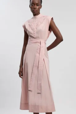 Robe Midi Tissée En Coton Plissée Avec Ceinture À Nouer À La Taille