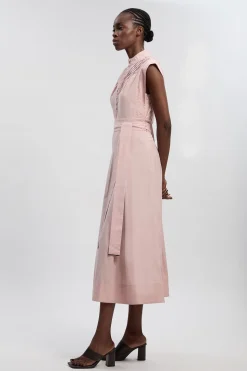 Robe Midi Tissée En Coton Plissée Avec Ceinture À Nouer À La Taille