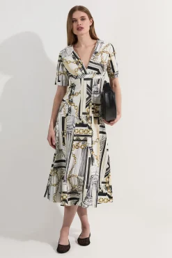 Robe midi tissée en coton sateen imprimé Roma avec jupe complète