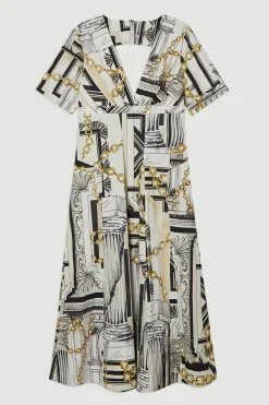 Robe midi tissée en coton sateen imprimé Roma avec jupe complète