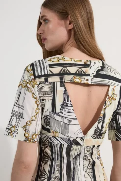 Robe midi tissée en coton sateen imprimé Roma avec jupe complète