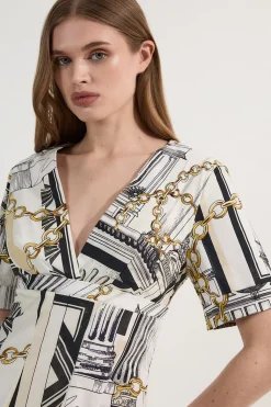 Robe midi tissée en coton sateen imprimé Roma avec jupe complète