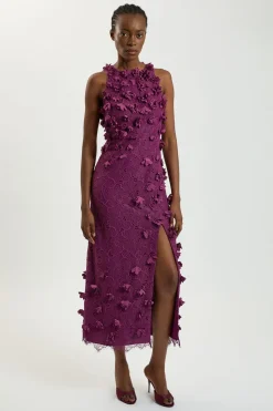 Robe midi tissée en dentelle avec appliques de pétales