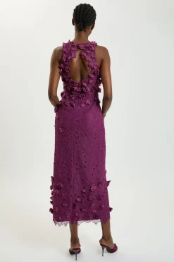 Robe midi tissée en dentelle avec appliques de pétales