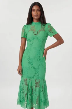 Robe Midi Tissée En Dentelle À Col Montant