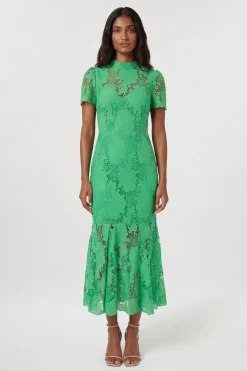 Robe Midi Tissée En Dentelle À Col Montant