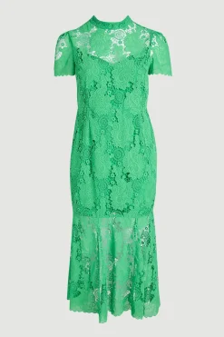 Robe Midi Tissée En Dentelle À Col Montant