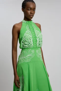 Robe Midi Tissée En Georgette Avec Découpes Ajourées Et Col Licou