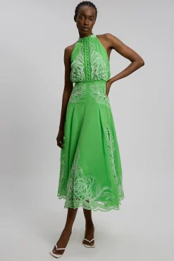 Robe Midi Tissée En Georgette Avec Découpes Ajourées Et Col Licou