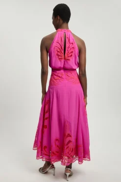 Robe Midi Tissée En Georgette Avec Découpes Ajourées Et Col Licou