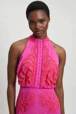 Robe Midi Tissée En Georgette Avec Découpes Ajourées Et Col Licou