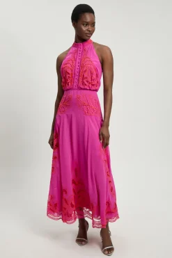 Robe Midi Tissée En Georgette Avec Découpes Ajourées Et Col Licou