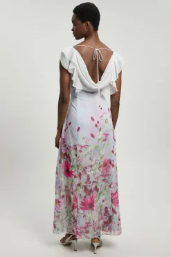 KarenMillen Robe Midi Tissée En Georgette Froissée À Imprimé Floral Et Manches À Volants<Femme Toutes Les Robes|Robes Mi-Longues