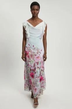 KarenMillen Robe Midi Tissée En Georgette Froissée À Imprimé Floral Et Manches À Volants<Femme Toutes Les Robes|Robes Mi-Longues