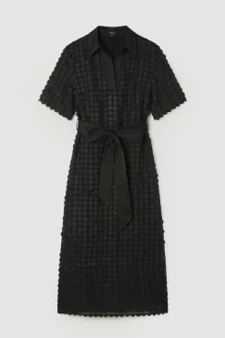 Robe Midi Tissée en Georgette Texturée avec Col Chemise en Satin