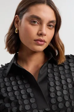 Robe Midi Tissée en Georgette Texturée avec Col Chemise en Satin