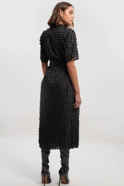 Robe Midi Tissée en Georgette Texturée avec Col Chemise en Satin